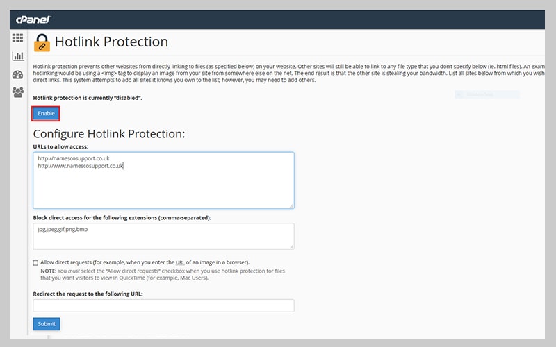 فعالسازی قابلیت Hotlink در سی پنل